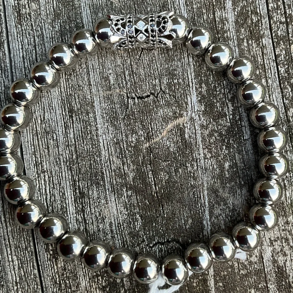 Hand Crafted Silver Beaded Bracelet Pave Stretch 7” Unisex Steel Beads
